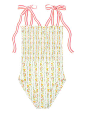 Minnow Tuckernuck Smocked One Piece Swimsuit Linear Citrus Print Bow Shoulder L